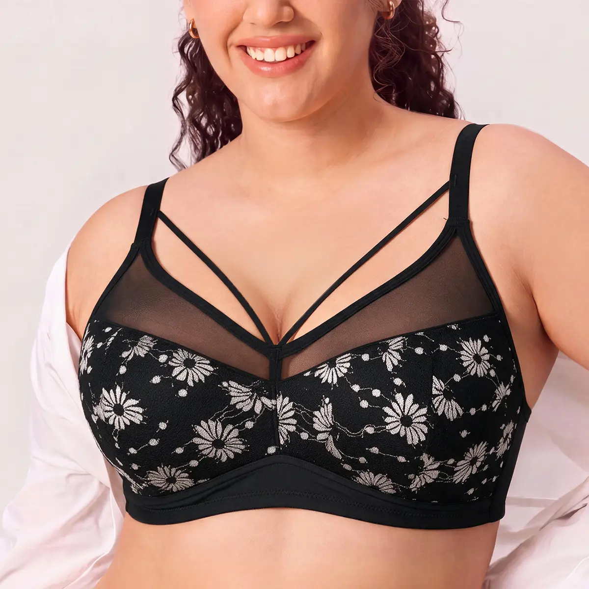 TryWish Plus Size Daisy Floral Full Coverage Bra Soft Underwire Support Minimizer Everyday Comfort Bra