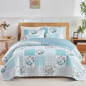 2 count Floral Patchwork Quilt Set , Blue n White  Design, Soft n Cozy Microfiber Quilt, Bedspread Bed Cover for All Season, 1 Quilt and 1 Pillow Sham- 68x86 inches