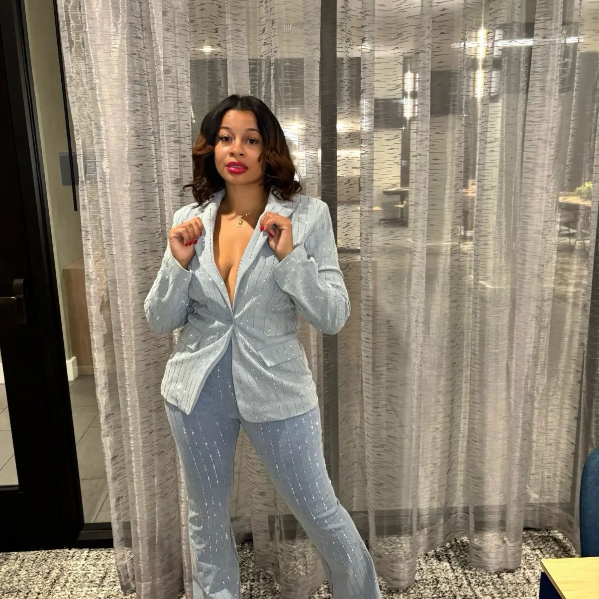 Women's Rhinestone Pinstripe Blazer Denim Set - Suit & Overalls - Womenswear