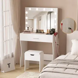 Vabches Vanity Table Set with Lighted Mirror - Makeup Vanity with Charging Station, Large Drawer Sturdy Wood Vanity with Lights, 3 Color Modes, Adjustable Brightness, White