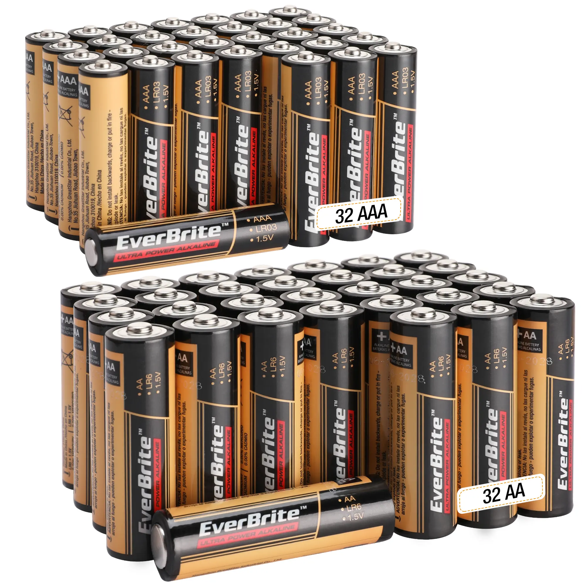 #backtoschool EverBrite 64-count High Performance Alkaline Battery, 32-Pack AAA Alkaline Battery and 32-Pack AA Alkaline Battery, Triple A Batteries and Double A Batteries Household and Office Devices