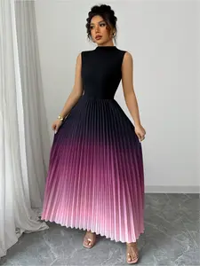A black gradient round-neck sleeveless pleated long fitted Chic Womenswear dress for ladies, exuding elegant charm and suitable for all kinds of casual wear.