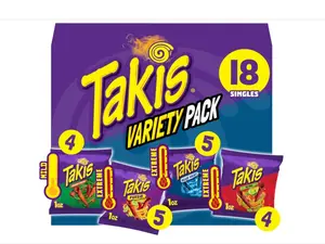 Takis 18 pc / 1 oz Variety Pack, Assorted Flavored Mixed Rolled Tortilla Chips – (5) Fuego, (5) Blue Heat, (4) Nitro, (4) Crunchy Fajitas