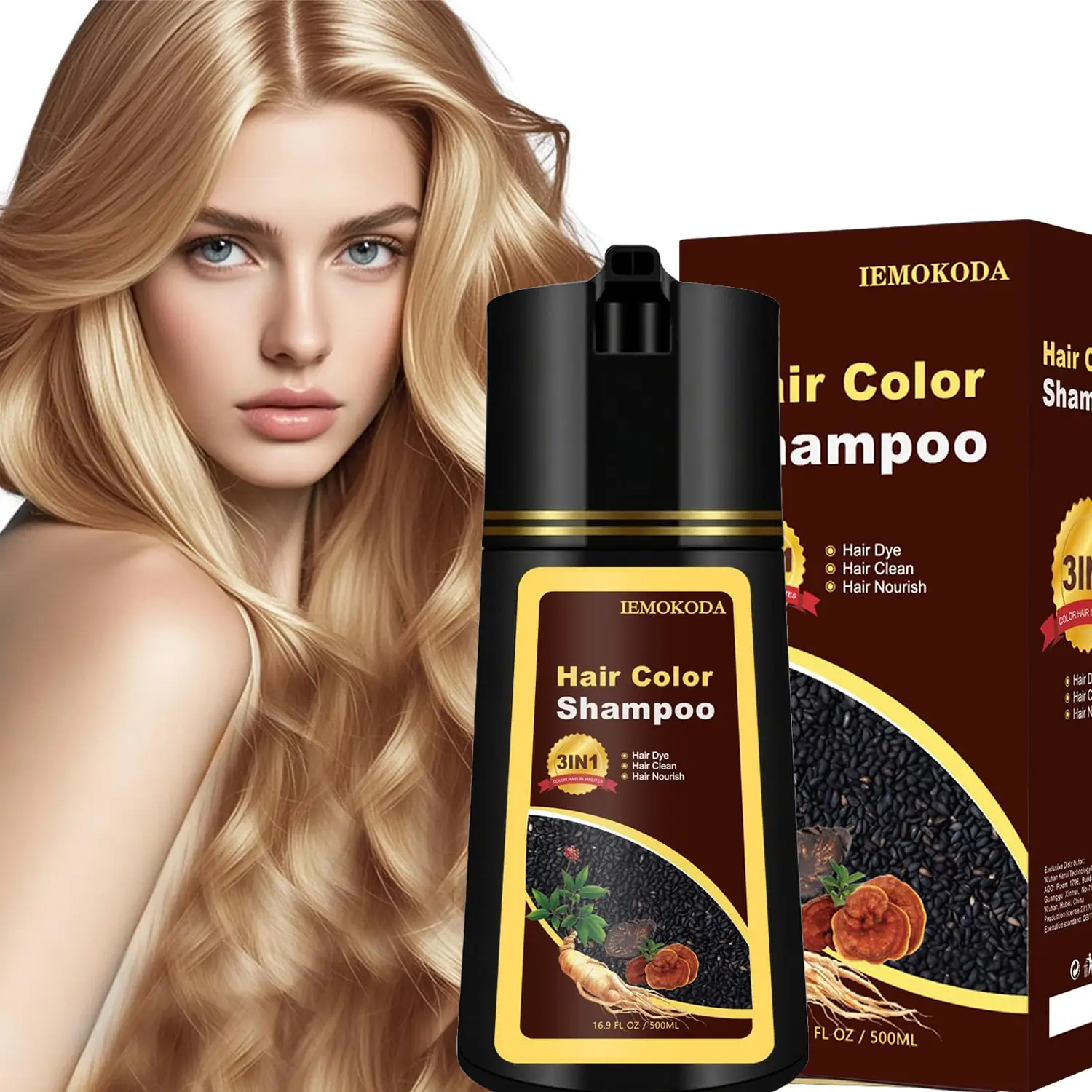 Ginseng 3-in-1 Hair Color Shampoo, 16.9fl.oz - Instant Gray Coverage & Herbal Ingredients, Vegan Ammonia-Free Hair Shampoo, Pure Plant Formula, Suitable for All Hair Types