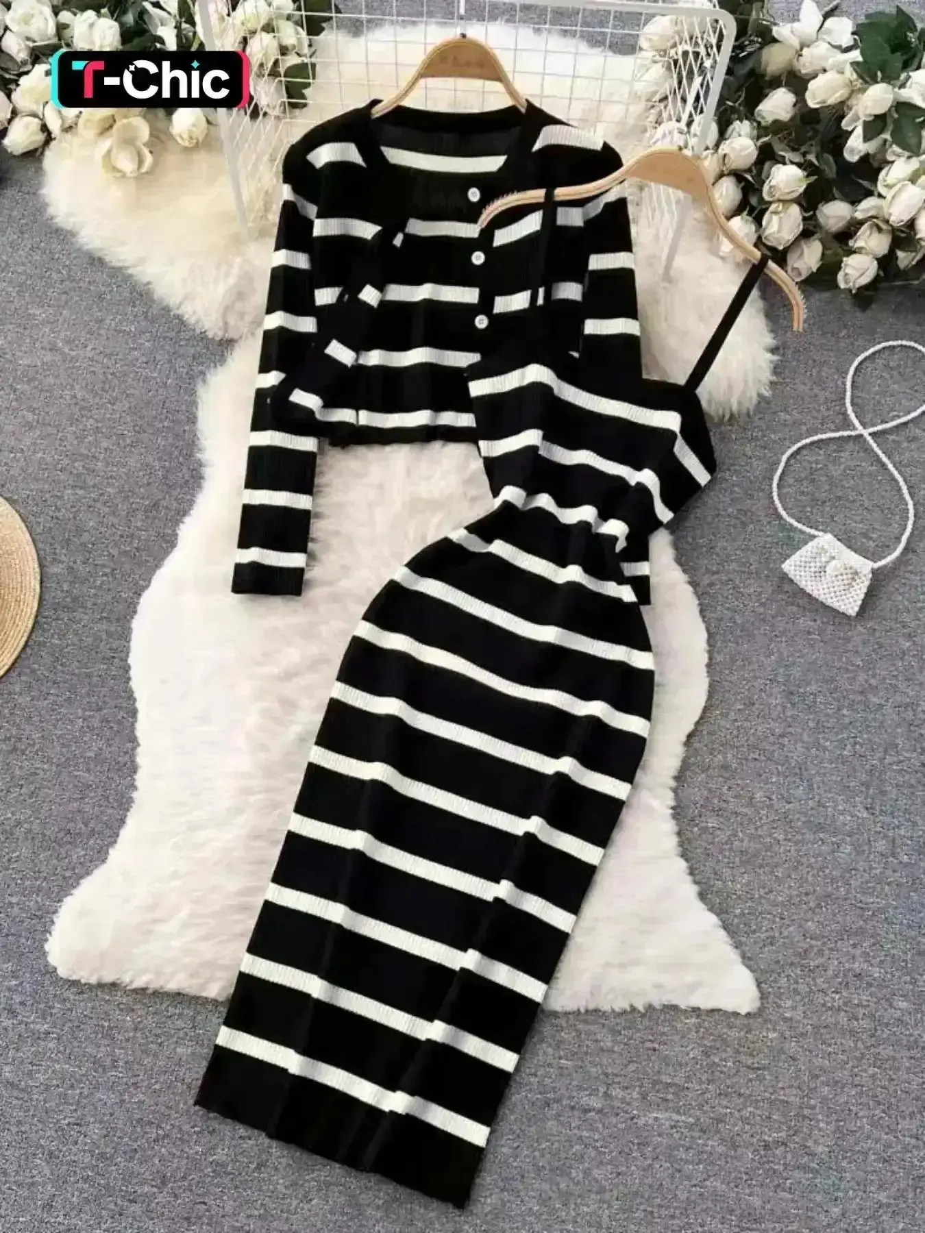 Women's Striped Print Button Front Crop Outwear & Cami Dress Two-Piece Set, Casual Chic Drop Shoulder Long Sleeve Cardigan & Fitted Bodycon Dress, Ladies Fall & Winter Womenswear Clothes, Simple Style, Minimalist Chic