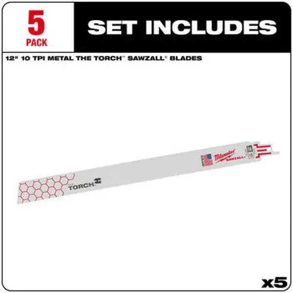 Milwaukee 48-00-5714 5-Pack 12-Inch 10 TPI The Torch™ SAWZALL® Blades with Double Duty Upgrade, Grid Iron Pattern, Longest Life, 12 Inches
