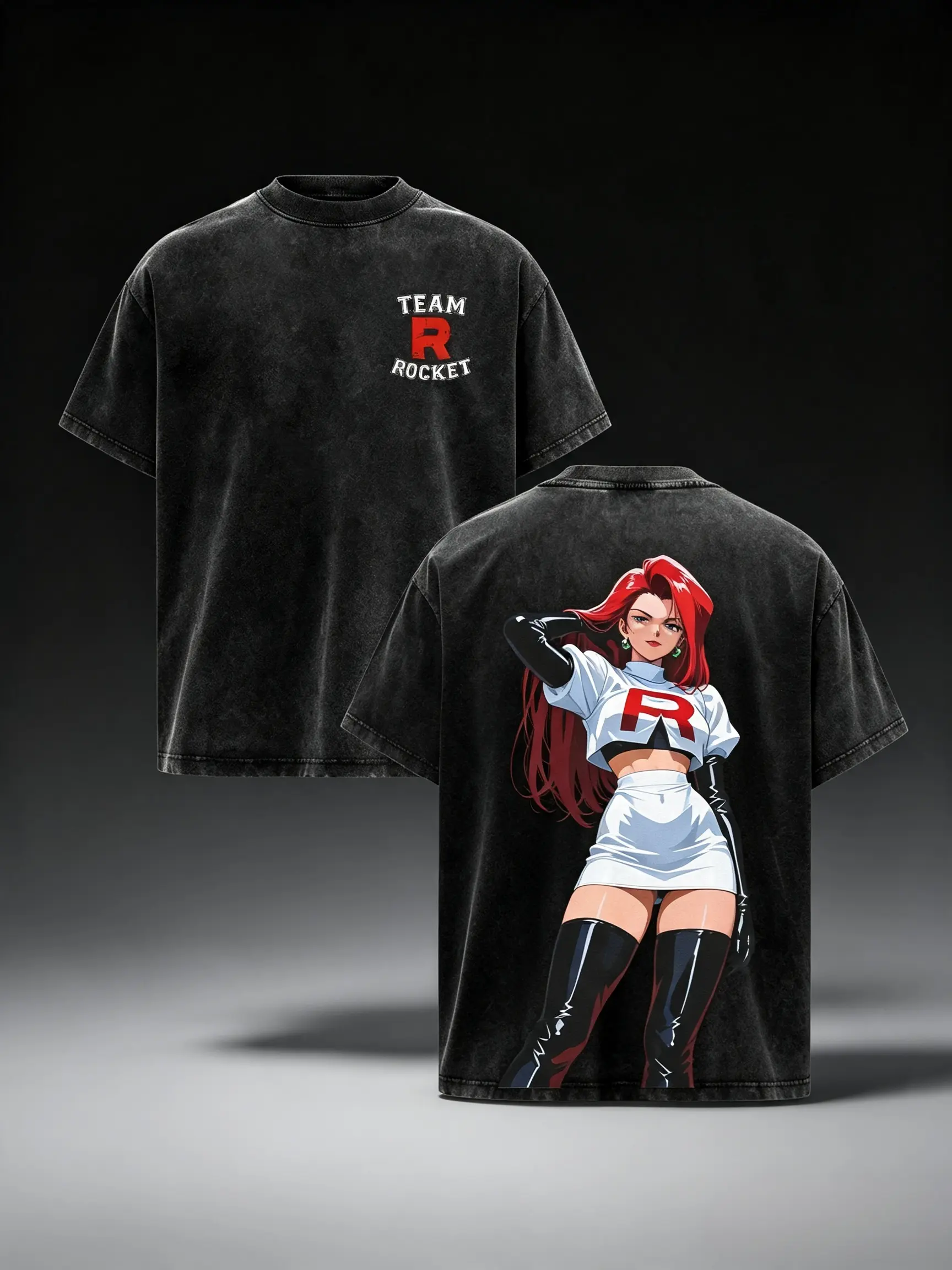 Vintage Washed Team Rocket Jessie Graphic T-Shirt Pokemon Anime Double Side Print Oversized Heavy Cotton Streetwear Retro Manga Fan Casual Daily Otaku Gift Top Grunge Graphic Album T-Shirt