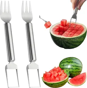 Watermelon Fork Slicer Cutter Slicer Tool, 2 - in - 1 Stainless Steel Fruit Cutter, Dual Head Fruit Forks Slicer Knife with Round Handle,Fruit Cutting Kitchen Utensils,Portable Stylish