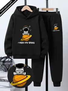 Teen Boys Fashion Printed Hoodie Set, Spring & Fall Casual Fitted Sweatshirt, Astronaut Saturn Cartoon Print, Youth Clothing