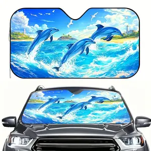 1pc Jumping Dolphins Car Sun Visor – Magnetic Edge Windshield Sunshade for Convertible Jeeps, Fit, Wind Resistant Vehicle Accessory with Ocean Scene Design, Secure Fit for Windy Conditions, Vibrant Car Decor