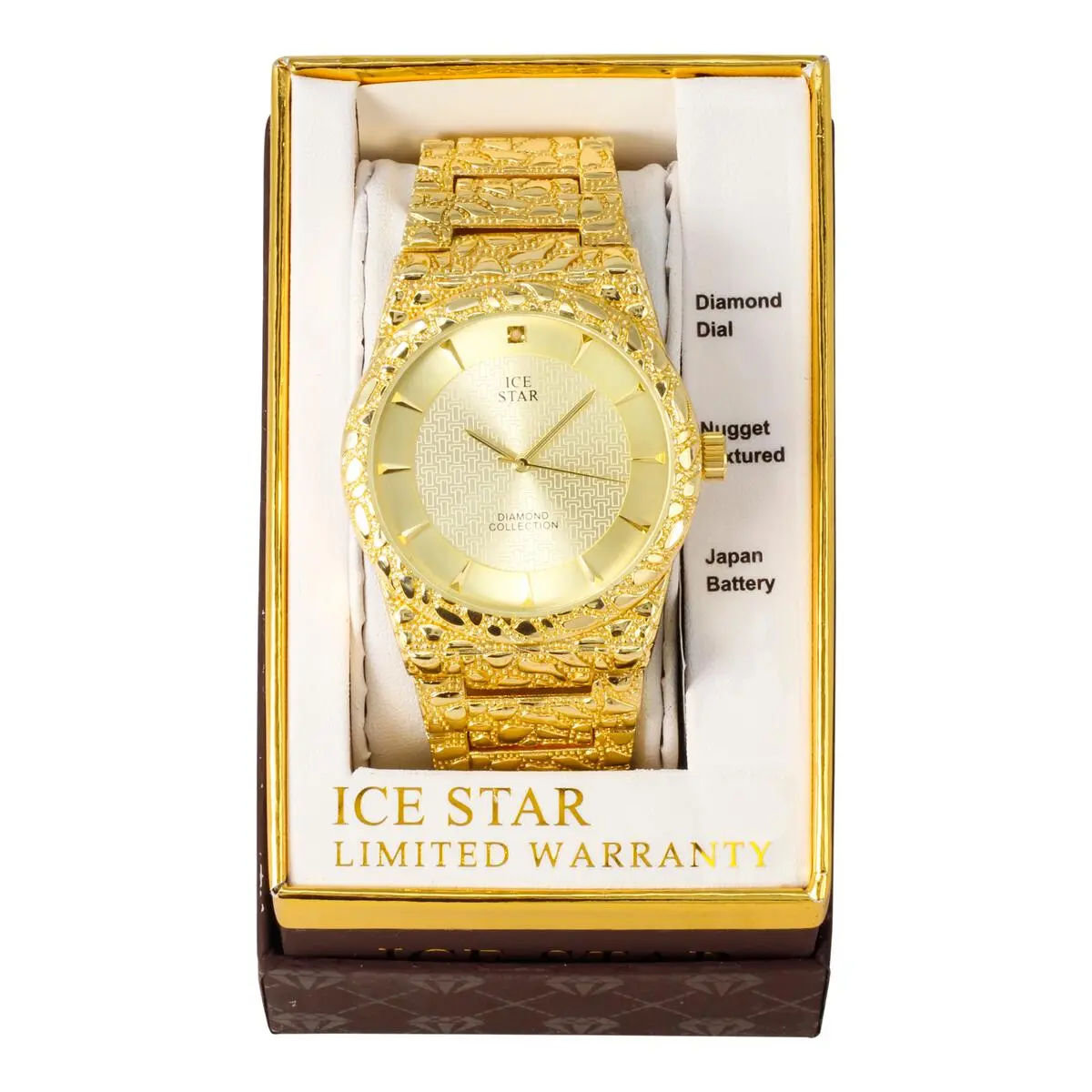 MaxBling81 Men's Gold Plated Analog Quartz Watch - Unisex Stainless Steel, Hip-Hop Iced Nugget Bling, Blue Dial, Metallic Shine Fashion Accessory with Gold Watches Women, Luxury, All-Metal, Water-Resistant, Sparkling Traits, Luxury Quartz Watches