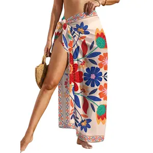 Aleumdr Women Sheer Sarong High Slit One Size Swimsuit Coverups 2026 Summer Floral Print Chiffon Wraps Beach Cover Up
