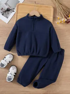Boys' Solid Color Stand Collar Half-Zip Fleece Sweatshirt Set, Thick Polar Fleece, Casual Winter Wear, Warm Fashionable Two-Piece, Clothes Kids