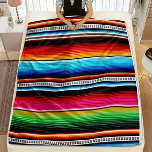 1 Piece Four Seasons  Flannel Blanket - Mexican Style Colorful Stripes and Rainbow Pattern, Soft Light Beige, Suitable for Bed, Sofa, Travel, Camping Heavyweight Fabric, Multi-Functional Comfortable Throw Blanket for Adults, Pets, Home Decoration