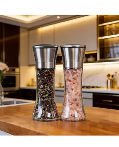 Premium Stainless Steel Sea Salt and Pepper Grinder Set of 2 - Adjustable Ceramic - Tall Glass Salt and Pepper Shakers - Kitchen Spice Mill W/Funnel & EBook