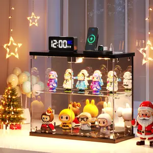 Vlsrka Double Layer Tempered Glass Display Case with LED Motion Sensor Light USB Type C Spring Door for Anime Figures Models Dustproof Design Perfect for Bedrooms Living Rooms Offices