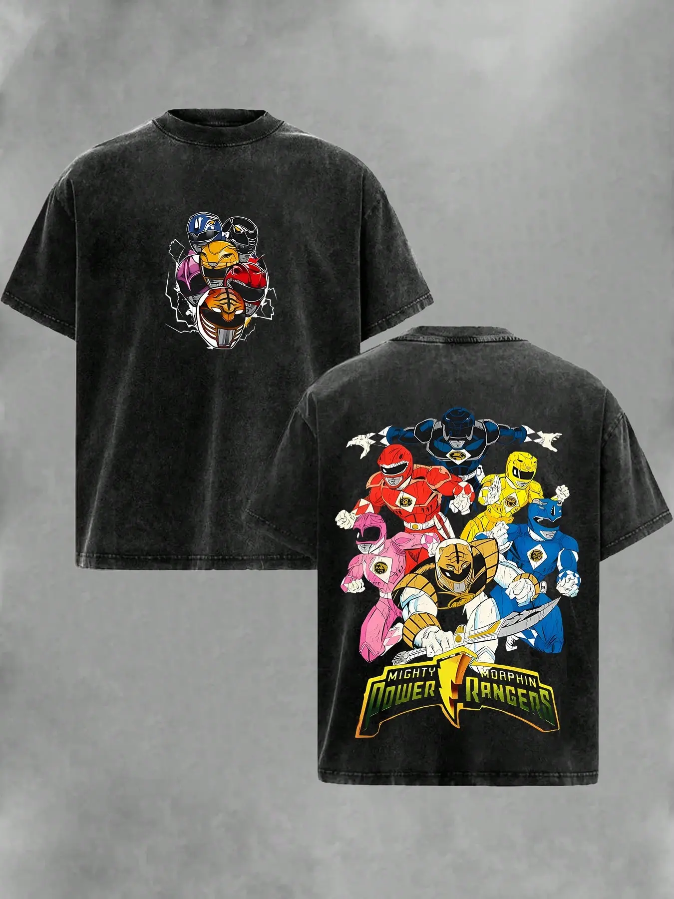 Retro Washed Black Oversized T-Shirt, Mighty Morphin Power Rangers Team Graphic Print, Casual Short Sleeve, Unisex Streetwear for Men & Women, Loose Fit for Outdoor & Daily Wear