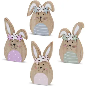 4 Pack Wooden Easter Bunny Table Decorations Spring Wood Bunnies Rabbit Ornament Farmhouse Tabletop Decor for Party Tiered Tray Mantle Desk Office Home Patio Yard