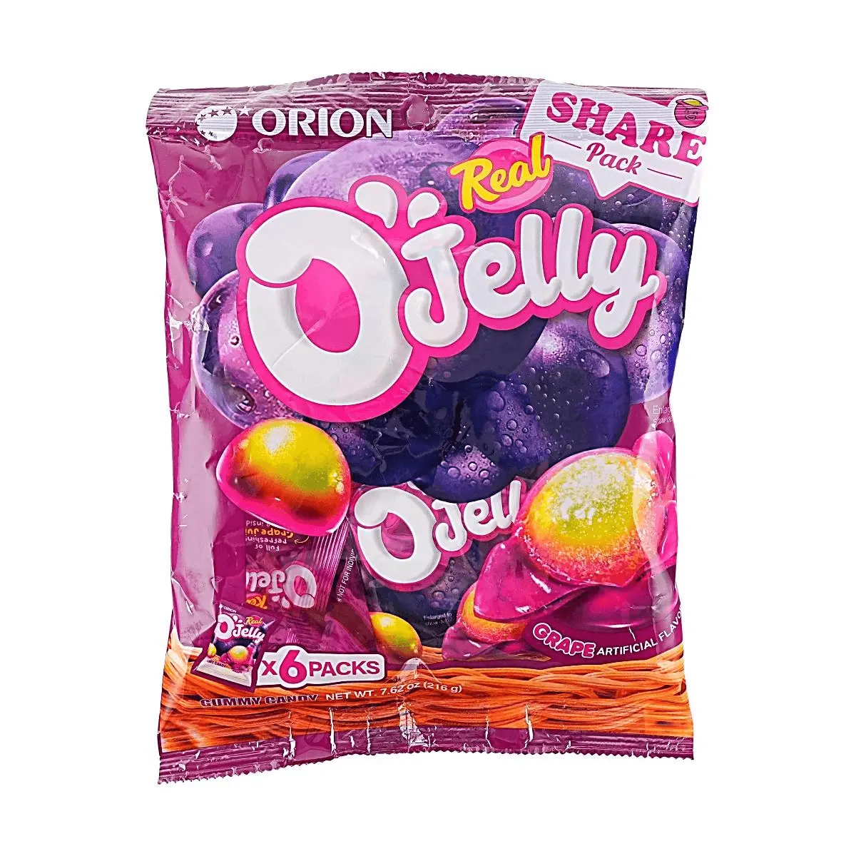 ORION Real Fruit Juice Gummy Candy - Grape Flavor, 6 Packs in (7.6oz) - Korean Snack, Soft Chewy Jelly Bites