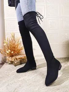 Women's Velvet Over-Knee Boots, Low Heel Slimming Tie-Up High-Top Knight Boots, Fashionable Fall & Winter Shoes, Winter Warm Shoes