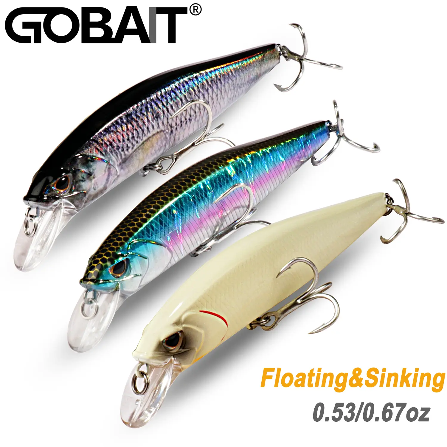 GOBAIT Minnow Fishing Lure Set (3-Pack) - Hard Jerkbait Fishing Gear Supplies with 1/2oz Floating&Sinking Options, Mid-Water Action, Rapid Sinking for Bass, Freshwater/Saltwater Use, Deep-Water Tracking, Distance Casting, Sinks Rapidly, Maintains Perfect