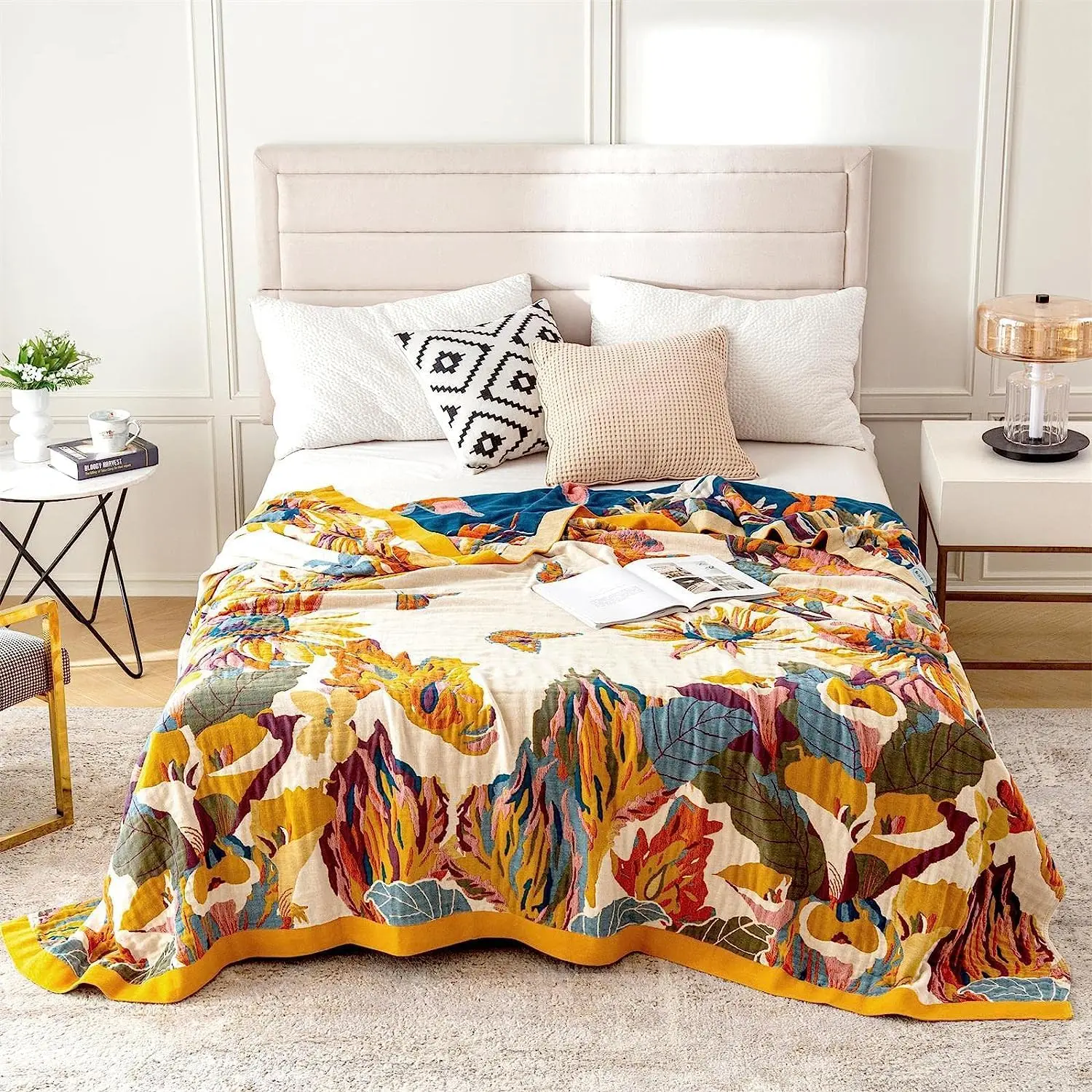 Boho Bird & Floral Printed  King Throw Blanket for Bed Couch，100% Cotton Gauze Fall Blankets Home Decor Soft Lightweight for Sofa Quilt