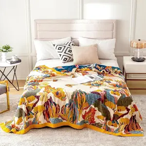 Boho Bird & Floral Printed  King Throw Blanket for Bed Couch，100% Cotton Gauze Fall Blankets Home Decor Soft Lightweight for Sofa Quilt