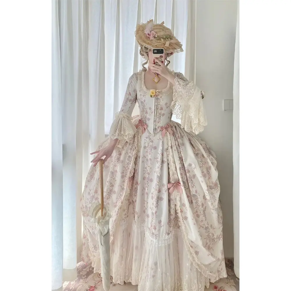 Women's 18th-Century Rococo Elegant Floral Lace Formal Costume - Marie Antoinette Inspired Glam Style Ball Gown, Premium Fabric, Flattering Hip Design, Costume Ideas, Vintage, Luxurious Fabric, Wide Pannier Silhouette, Xxxl, Full-Length, Dry Clean, Woven,
