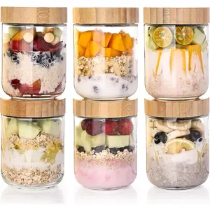 6-Pack Overnight Oats Containers with Bamboo Airtight Lids, 16oz Wide Mouth Mason Salad jars, Glass Food Storage Containers for Snacks Sugar Spice Yogurt