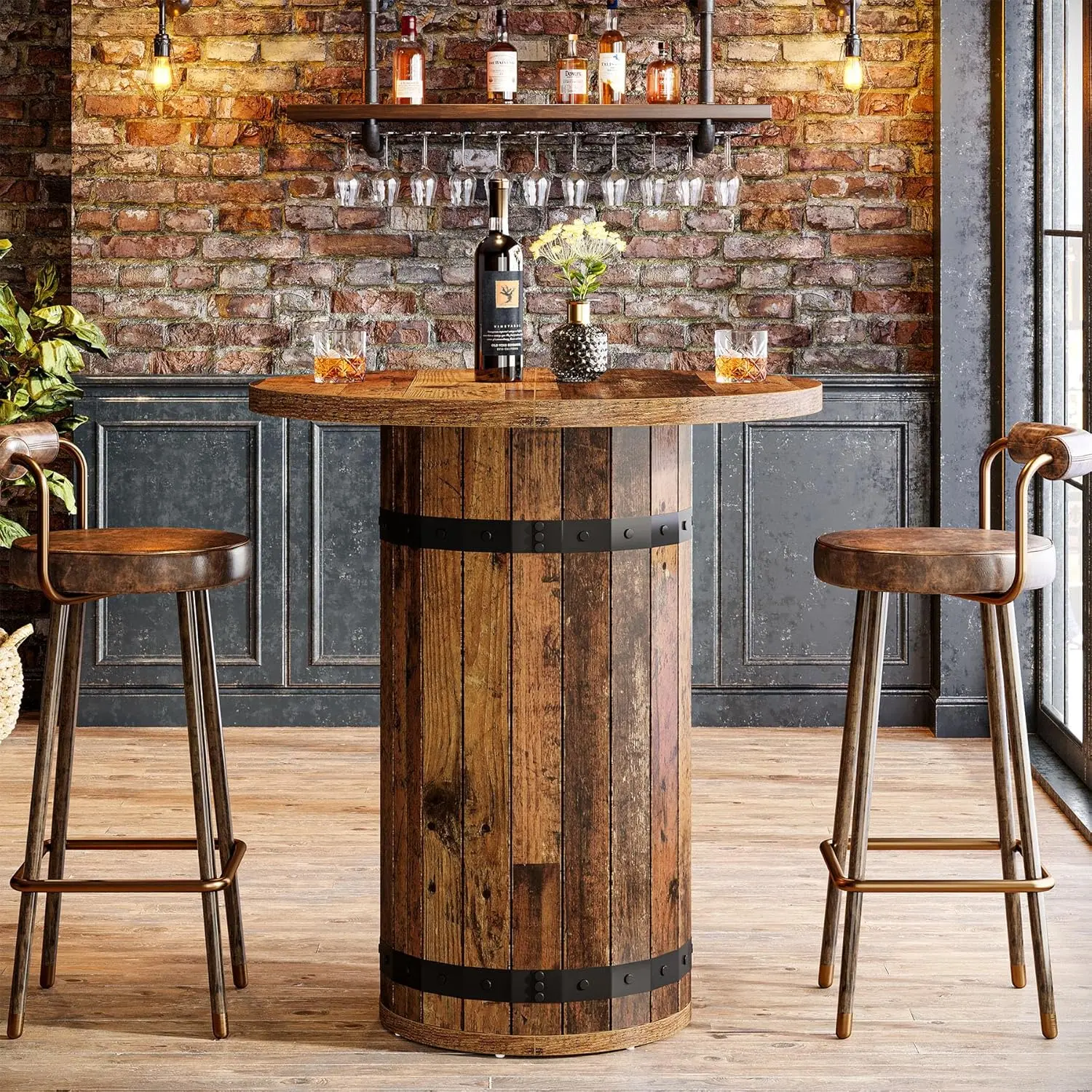 TRIBEWOOD Round Whiskey Barrel Bar Table, 39.4" Bar-Height Industrial Farmhouse High Top for Kitchen, Small Space (Brown, Table Only)