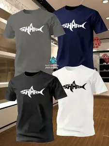 Men's Short Sleeve T-Shirt Set, Classic Logo Shark Print, Round Neck Casual Tee, Breathable & Comfortable, Summer Wardrobe Essential