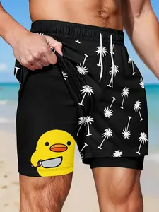 Men's Two-In-One Quick-Dry Beach Shorts, Beach Trunks, Palm Tree Print with Fun Duck Lining, Casual Loose-Fitting Graphic Shorts