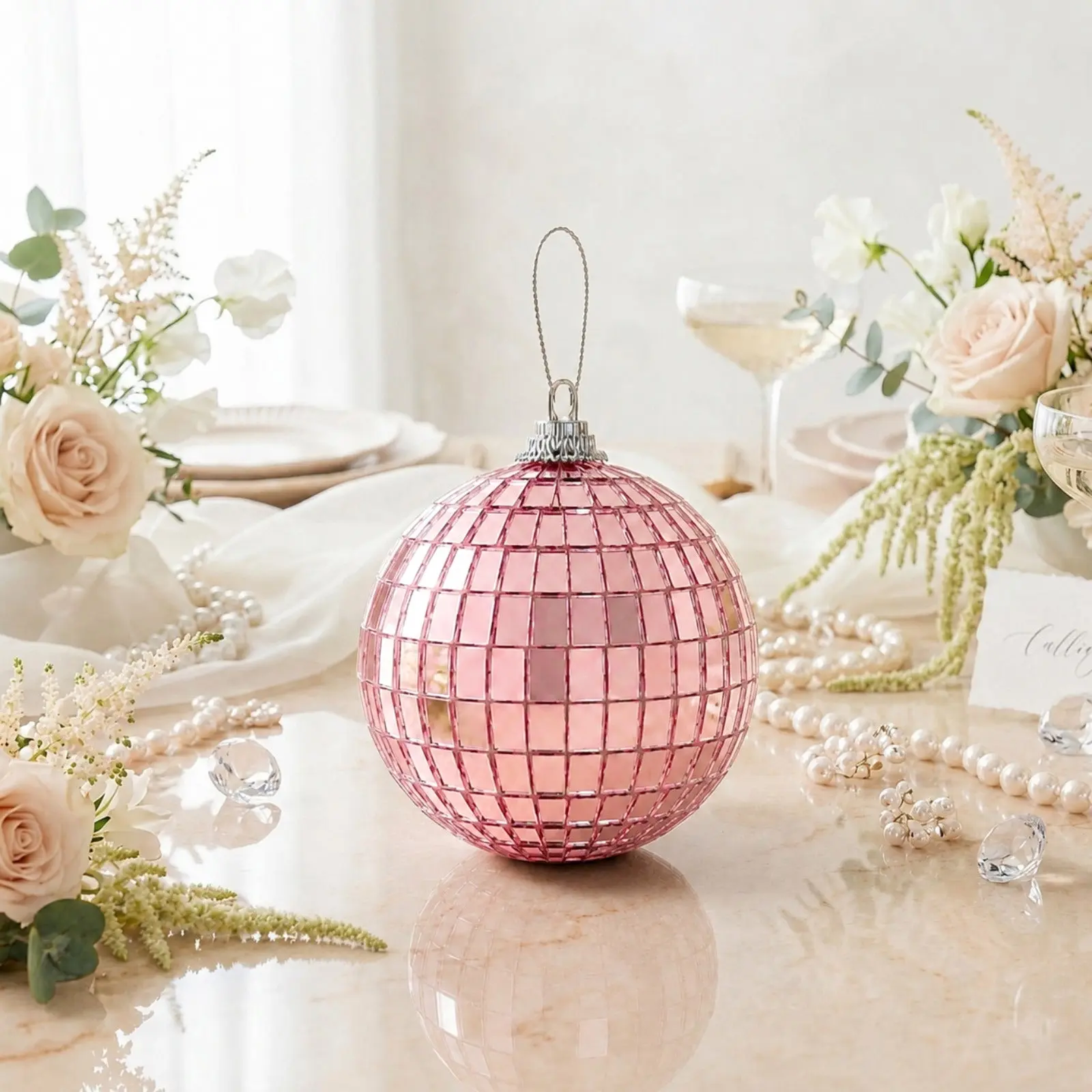 4-Pack 6in Rose Gold Foam Mirror Balls with Hanging Strings, Decorative Disco Style Festive Ornaments for Rooms, Holiday Christmas & Birthday Party Supplies