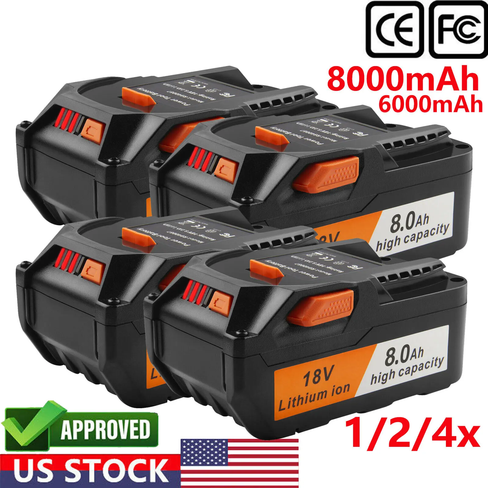 Large capacity 1-4x 8.0AH 18V For RIDGID Battery R840085 R840087 18 Volt Lithium-Ion R8400