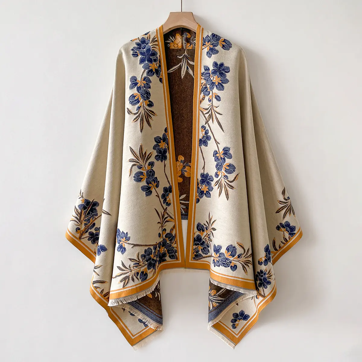 Vintage Pattern Poncho Cape for Women, Reversible Faux Cashmere Wrap Shawl with Fringe Edge, Geometric Floral Print Open Front Winter Outerwear