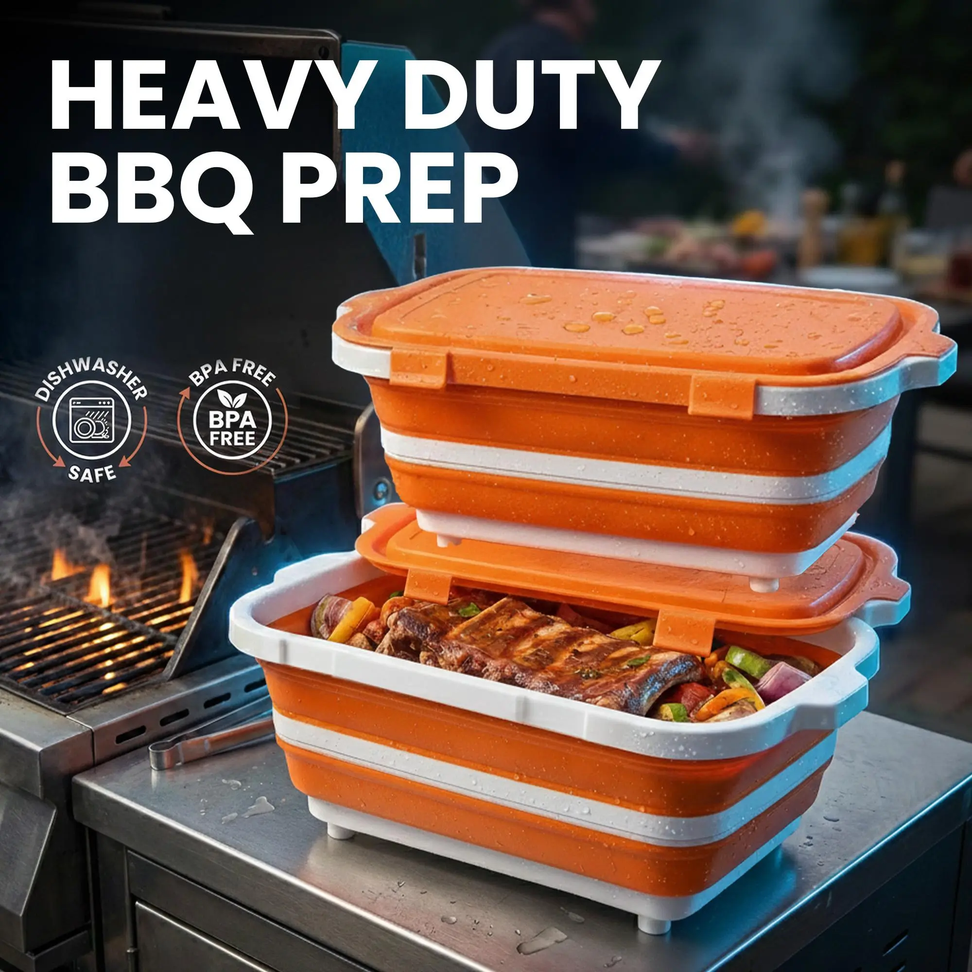 Havenity 2-Pack 16L+16L 3-in-1 Collapsible BBQ Prep Tub Kit with Locking Lids, Resealable Food Storage Containers, Camping Cutting Boards, Kitchen Utensils (XL) – Folds Flat for Trunk Space, Hassle-Free Grilling/Outdoor Prep, Made For Camping And Weekend