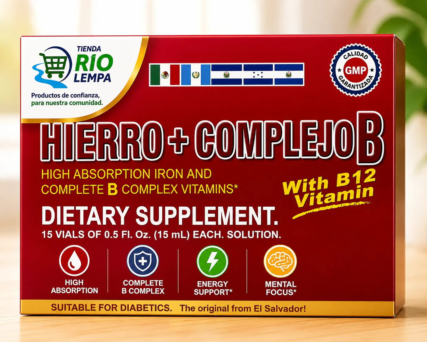 Hierro + B Complex Dietary Liquid Daily Vitamin Supplement - 15 Individual 15mL Packs, High-Absorbent, with Vitamin C, B1, B2, B3, B6, B12, Folic Acid for Optimum Nutrition Support