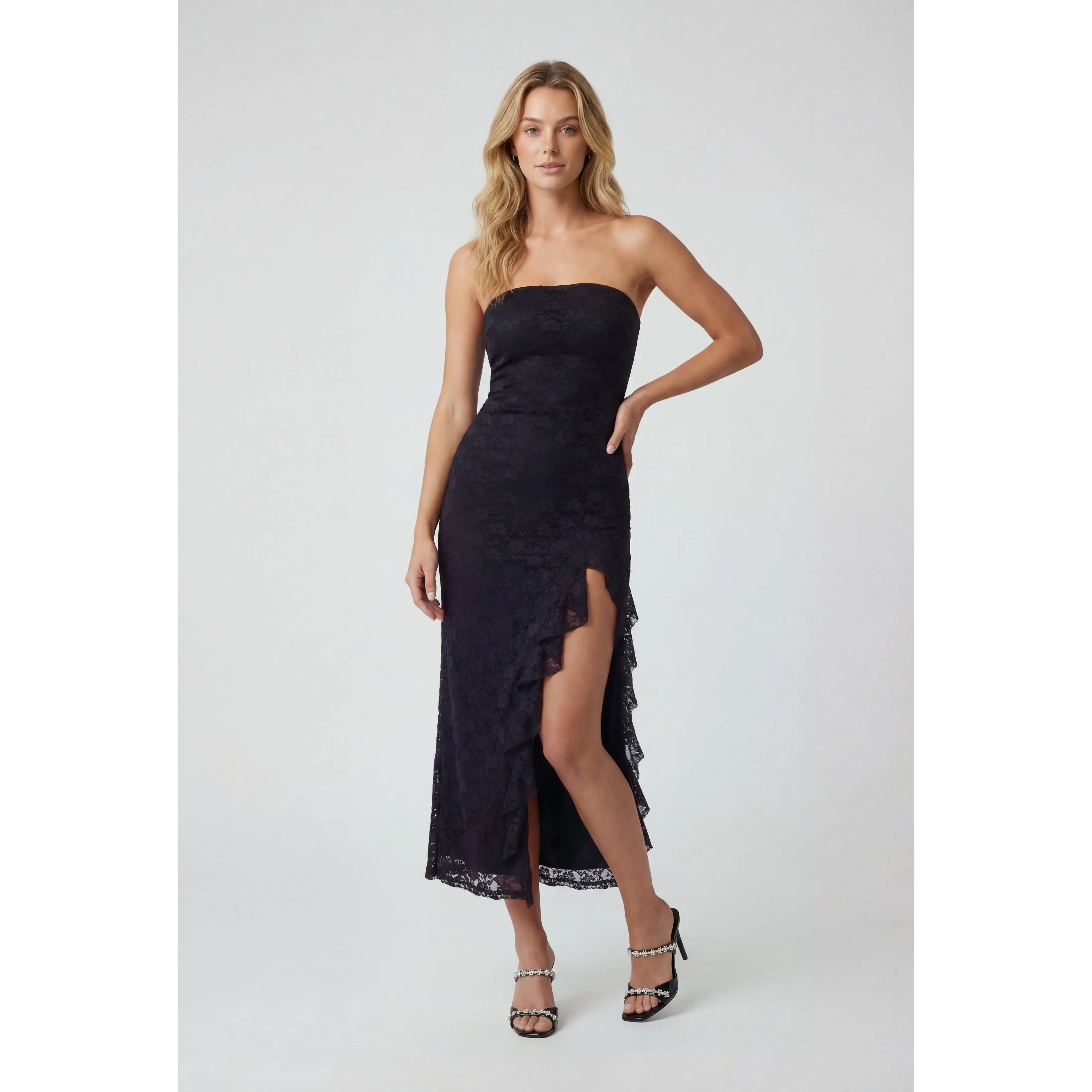 Flora Ruffle Trim Side Slit Lace Strapless Dress