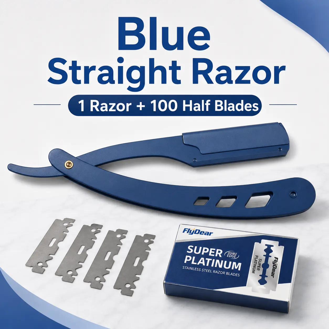 Men's Professional Barber Straight Razor Set - Blue Stainless Steel Shavette with Handle, 100 Safety Blades, Reusable Manual Shaving Tool for Beard Shaping, Edging & Travel Beard Grooming Tools, Razors Set, Smooth Shave, Honey, Adults, Manual Tool