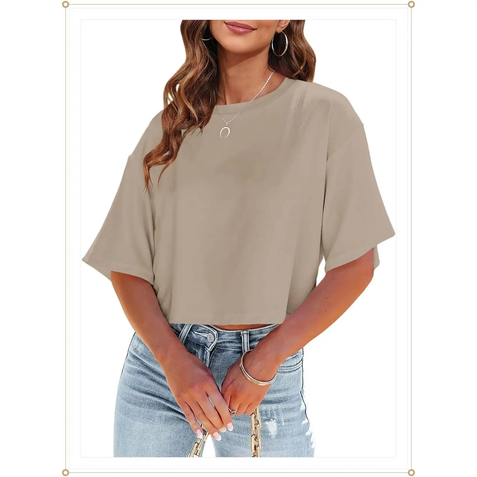 Tankaneo Women Half Sleeve Cropped T-Shirts Drop Shoulder Round Neck Crop Tops Casual Summer Solid Color Basic TeesGift