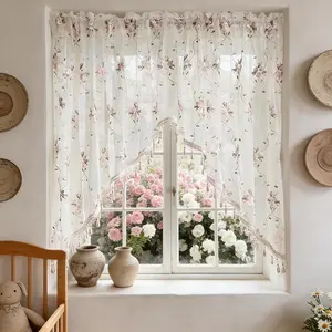 1 PC Pink Floral Sheer Kitchen Curtains Swag Valance for Batch Dining Arched Door,Vines Embroidered Window Treatment with Beaded Trim, Scalloped Kitchen Living Room Drapes Rod Pocket (59Wx31L inch)