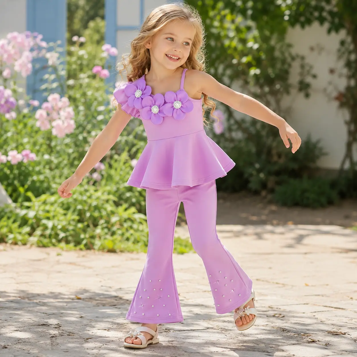 Girls 2 Piece Outfit One Shoulder Flower Top & Bell Bottom Pants Set for Kids 4-7 Years Summer Casual Clothes