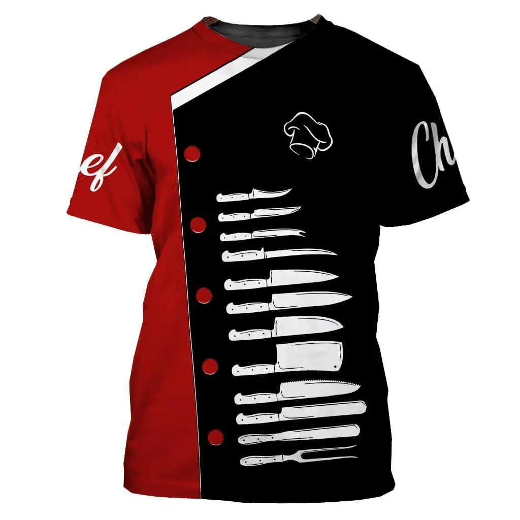 Unisex Chef 3D Graphic T-Shirt with Knives, Fork, Chef’s Hat & “Chef” Text – Perfect for Chefs, Cooking Enthusiasts, Kitchen Work & Casual Wear