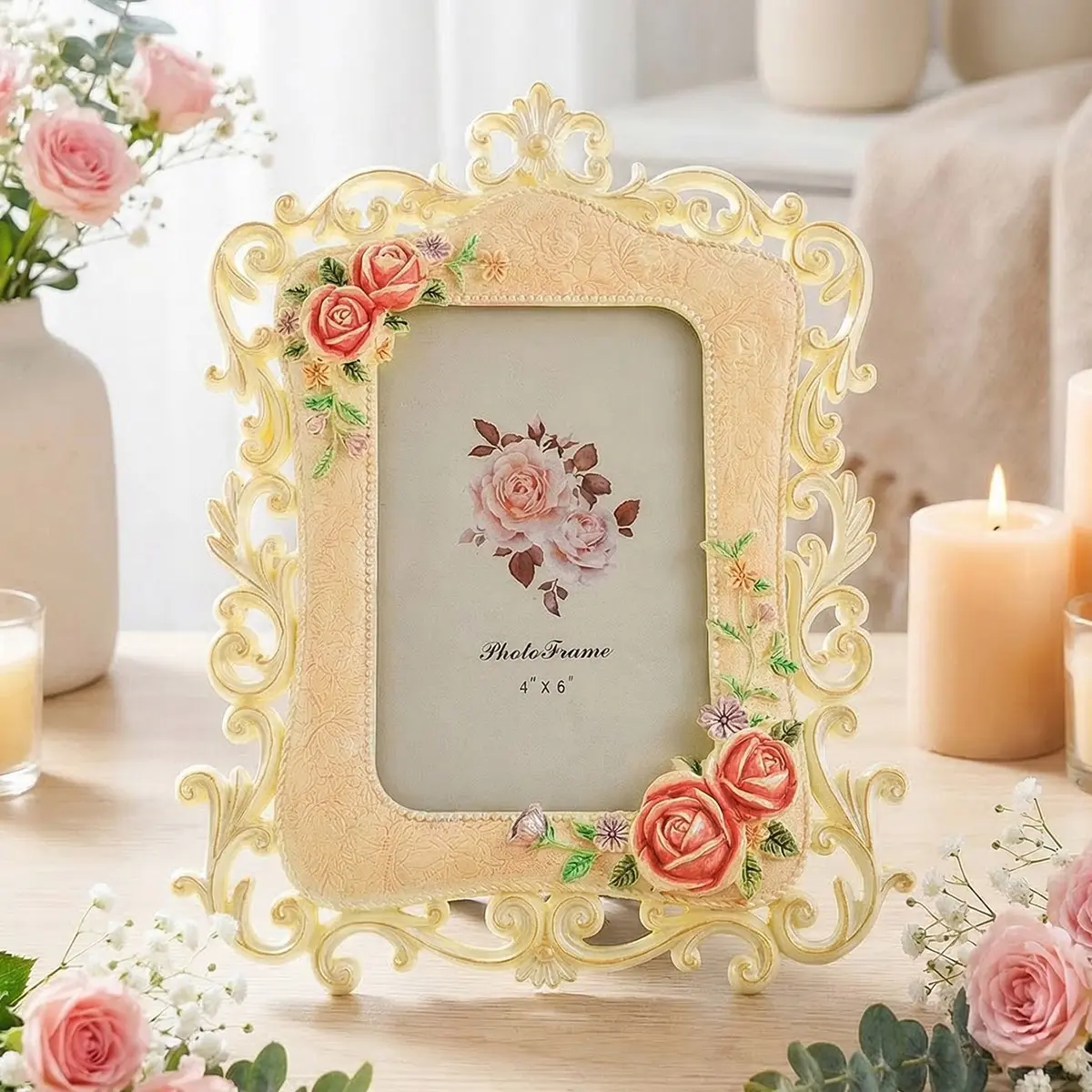 French Luxury Rose Carved Photo Frame, Resin Material, Baroque Style, Home Decor, Wedding Gift, Bedroom, Living Room, Office