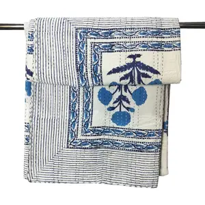 kanthaNtapestryart Indian Hand Block Print Kantha Cotton Kantha Throw Blanket Indian Bedspread Kantha Bed Cover Sofa Throw Bedspread Blanket (King/Queen Size 90x108 Inch), Blue