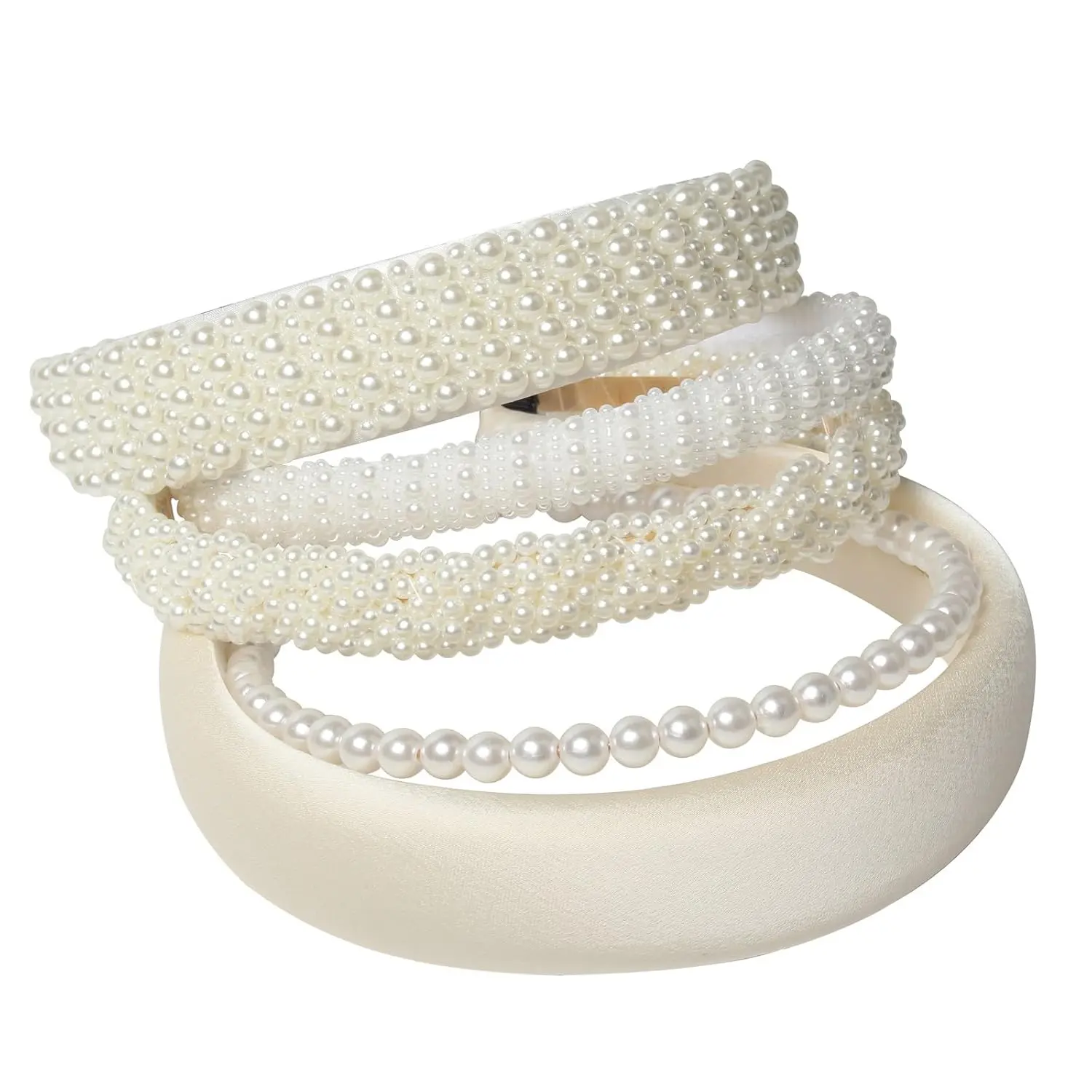 Women's & Girls' White Padded Pearl Headbands 5-Pack - Dainty Bling Faux Pearl Beaded Hair Hoops, Wedding Hair Accessories
