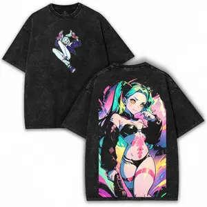 Rebecca Cyberpunk Edgerunners Girl Power Tee – Vintage Acid Washed Oversized Anime Shirt | Edgy Streetwear for Bold Girls | Chaotic Cutie Cyberpunk Fan Gift