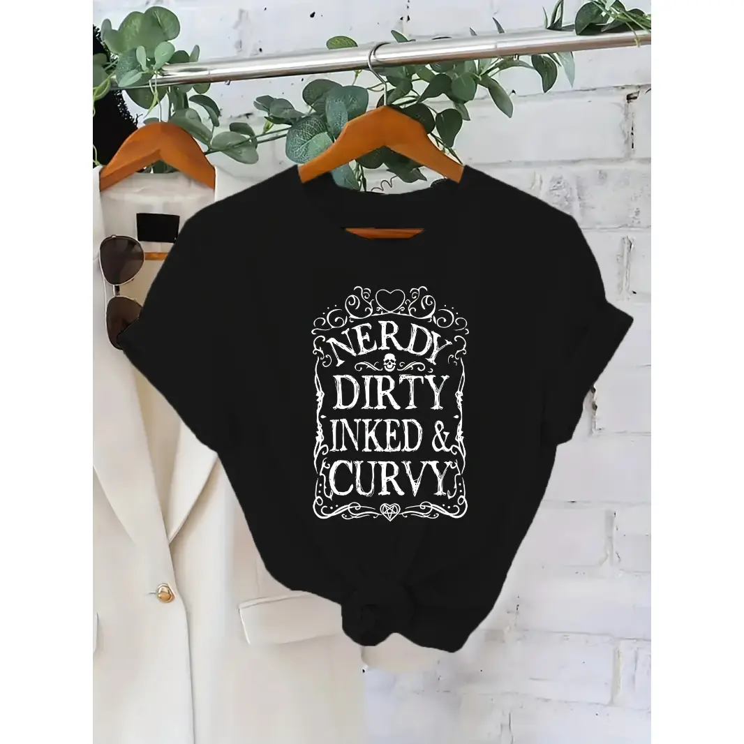 Womens Cotton Graphic Tee Nerdy Dirty Inked And Curvy Statement Shirt Soft Short Sleeve Casual Streetwear Top For Summer Outfit Layering Gifts For Her