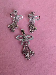 Sterling Silver CZ Sparkling Bow & Dangling Rose Charms Earrings & Pendant Jewelry Set