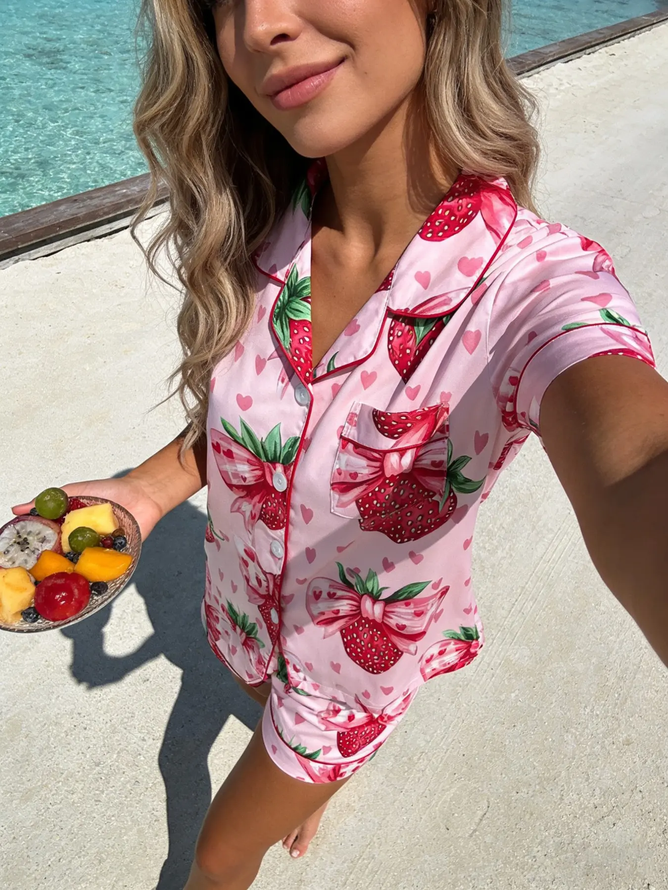Women's Short Sleeve Shorts Cardigan Pajama Set, Loungewear, Lounge Pajamas, Strawberry Full Print, Comfortable Breathable Sweet Casual Style, Home Wear Essentials, Homewear, Nightwear, Pjs, Pyjamas